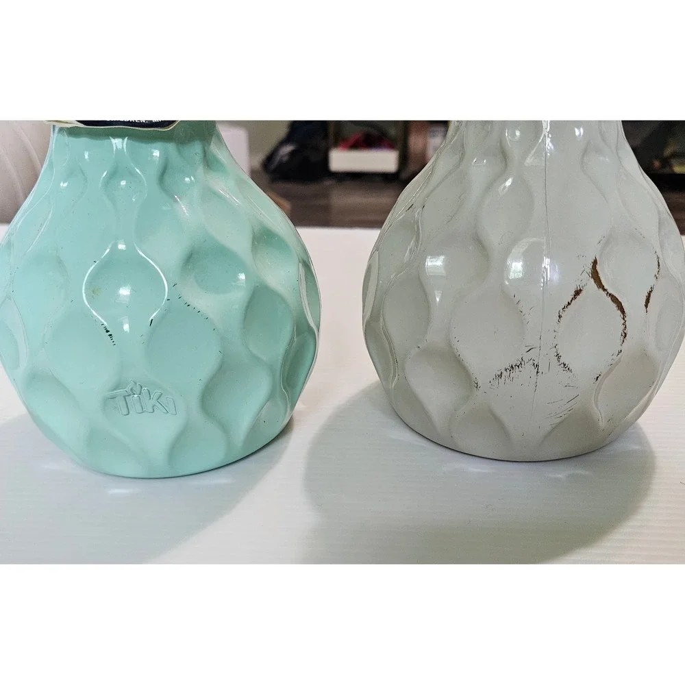 Tiki Brand Glass Tabletop Torches Set of 2 Honeycomb Textured Green Grey 6.5in